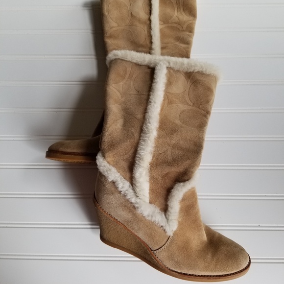 Coach Suede Shearling Wedge Boots Size 7.5 - Picture 2 of 5